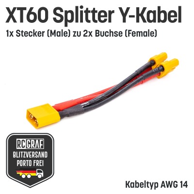 XT60 Adapter 1x Stecker zu 2x Buchsen Y-Kabel Splitter - Akku 14 AWG Buchse Stecker Parallel Adapter