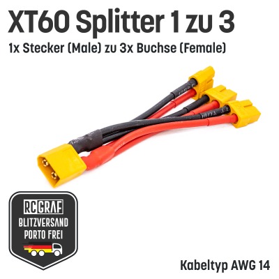 XT60 Adapter 1x Stecker zu 3x Buchsen Y-Kabel Splitter - Akku 14 AWG Buchse Stecker Parallel Adapter