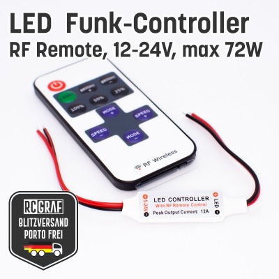 Mini LED Funk-Controller Dimmer Schalter mit Fernbedienung - 12-24V max 72W