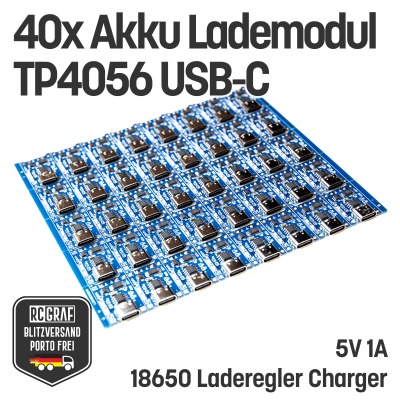 40x Akku Lademodul 5V 1A TP4056 USB C 18650 mit Schutzschaltung - 18650 Laderegler Charger mit Schut