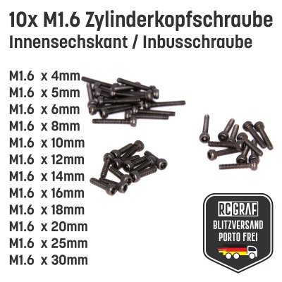 10 Stück M1,6x10mm Zylinderkopfschraube Schwarz Inbus - Innensechskantschraube
