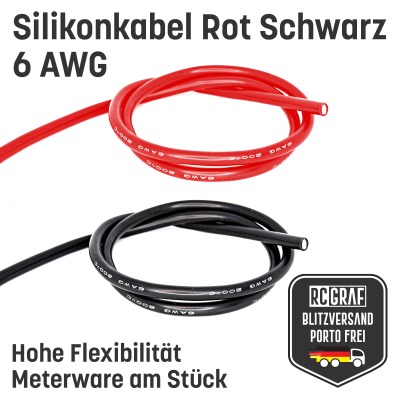 Silikonkabel 6 AWG 1 Meter Rot und 1 Meter Schwarz hochflexibel - Kupfer RC Elektrokabel