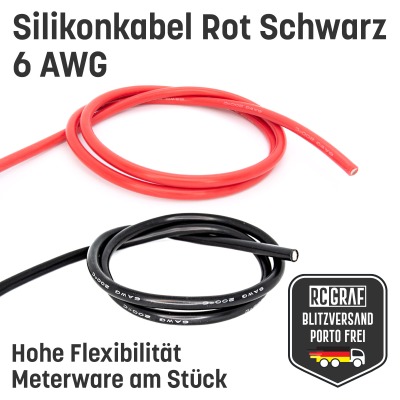 Silikonkabel 6 AWG hochflexibel Rot Schwarz Kupfer RC Kabel - Kupfer, RC, Elektrokabel