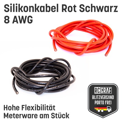 Silikonkabel 8 AWG 2 Meter Rot und 2 Meter Schwarz hochflexibel - Kupfer RC Elektrokabel