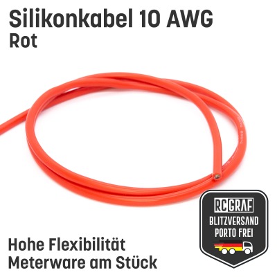 Silikonkabel 10 AWG 1 Meter Rot hochflexibel - Kupfer RC Elektrokabel