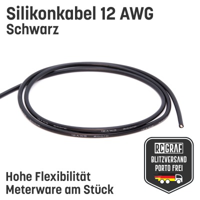 Silikonkabel 12 AWG 1 Meter Schwarz hochflexibel - Kupfer RC Elektrokabel