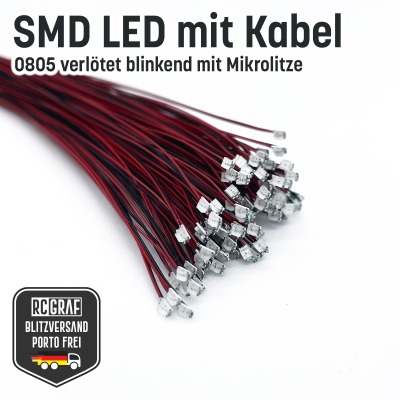 Flashing SMD LED 0805 Microlitz 30cm soldered - Blue, Yellow, Green, Red, Cold white