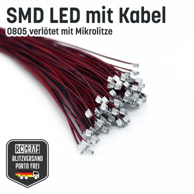 SMD LED 0805 Microlitze 30cm verlötet - Kaltweiß Warmweiß Blau Rot Grün Orange Gelb