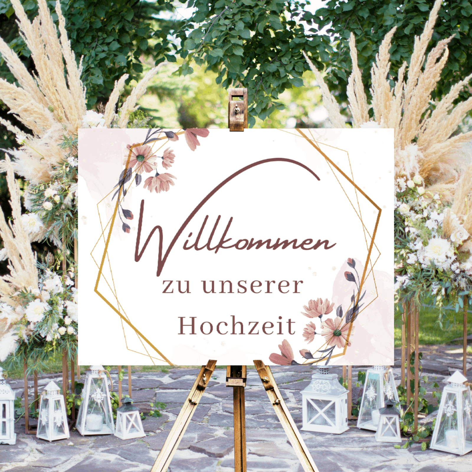 Florales Willkommensschild für die Hochzeit selber drucken - Digitale Vorlage zum Ausdrucken eines