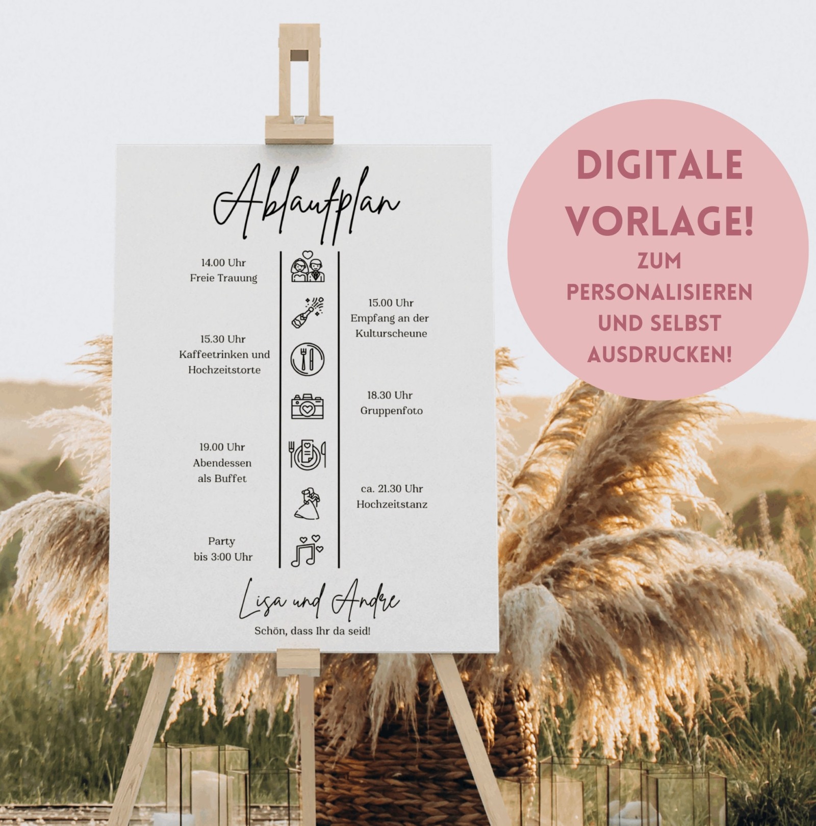 Personalisierbare Hochzeitsablaufplan-Vorlagen für Canva - Elegante Designs zum Download - DIY