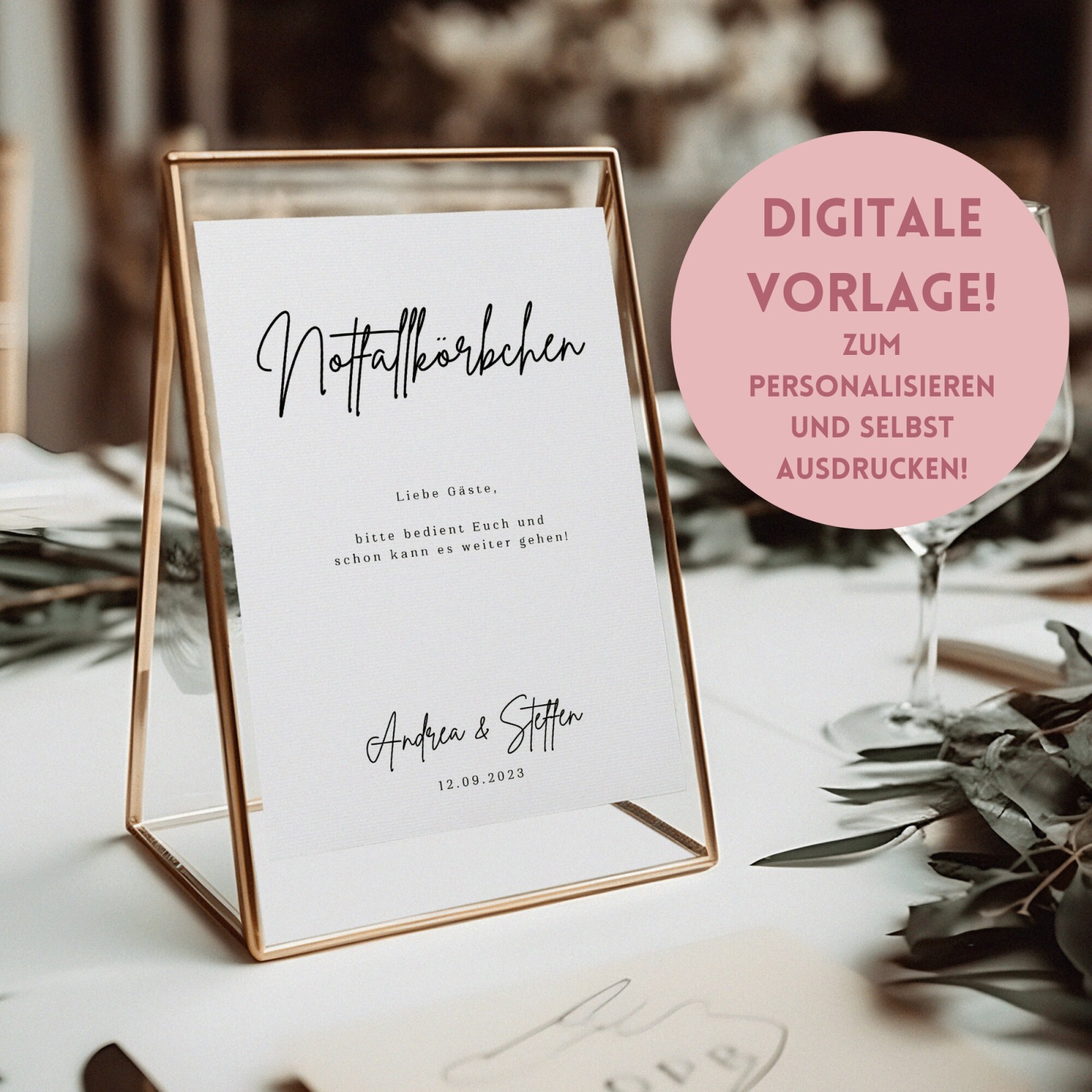 Notfallkörbchen Digitaldruck zum selber bearbeiten und drucken - Digitale Vorlage für ein Hochzeit