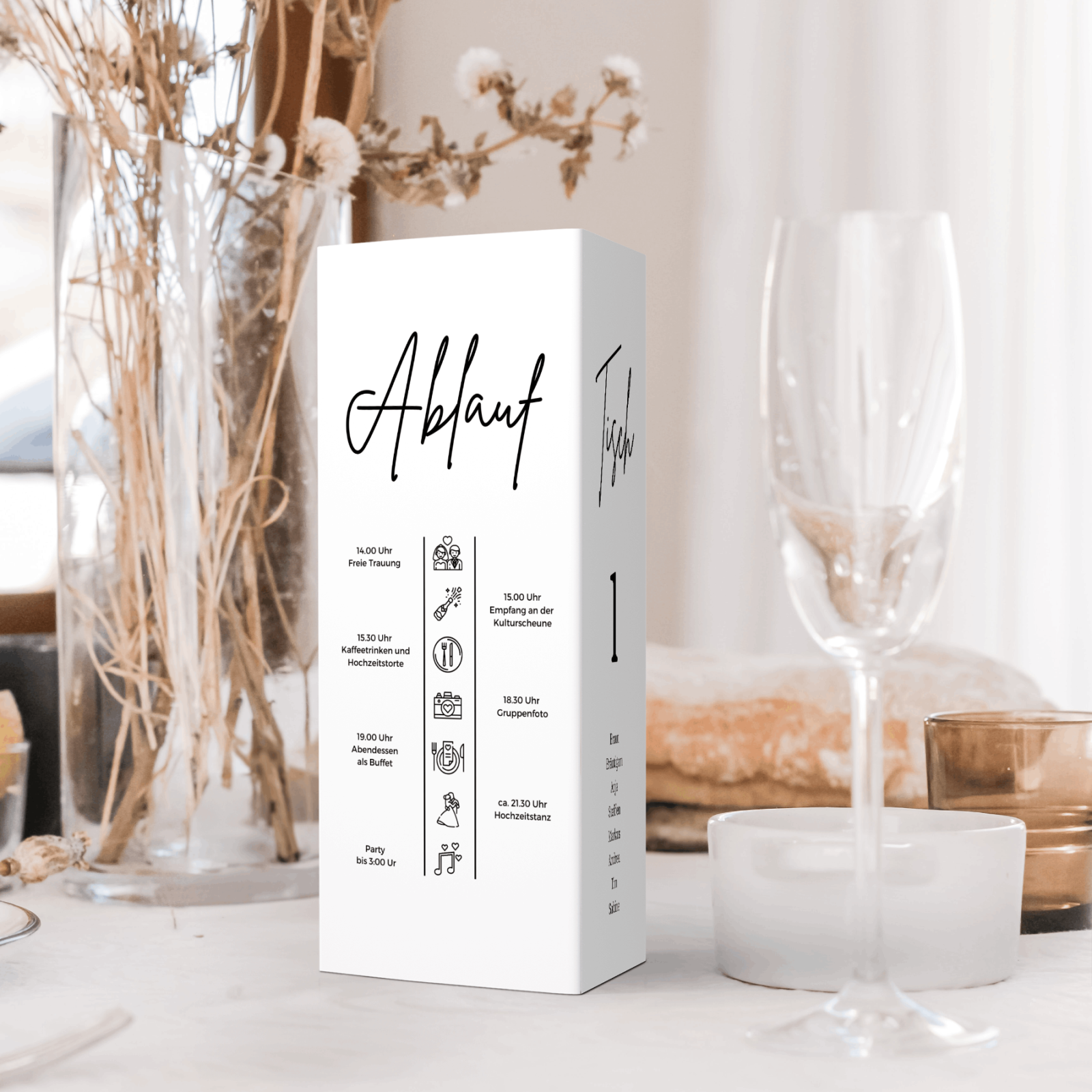 Dreifach gefaltete Tischnummern- und Menüvorlage für Hochzeiten - bearbeitbar, minimalistische