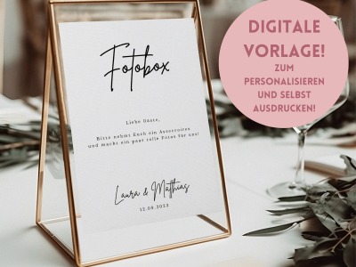 Bearbeitbare Vorlage für ein Fotobox Schild - Hochzeitsschilder zum selber drucken- Minimalistische