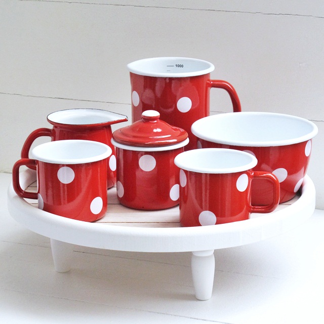 Emaille Kaffeekanne Punkte rot/weiß 3