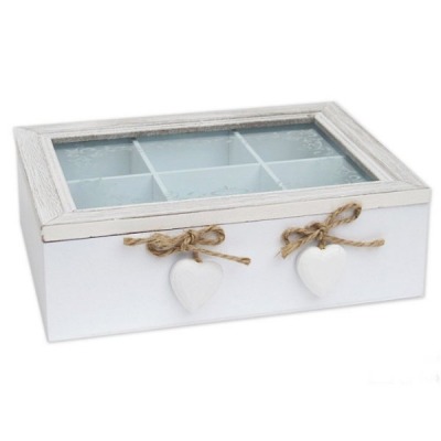 Teebox Holzbox mit Glasdeckel und Herzchen - Landhausstil