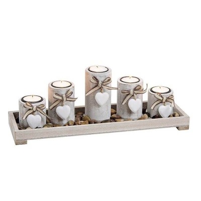 Teelichthalter Holz grau auf Tablett mit Dekosteinen - 5er-Set