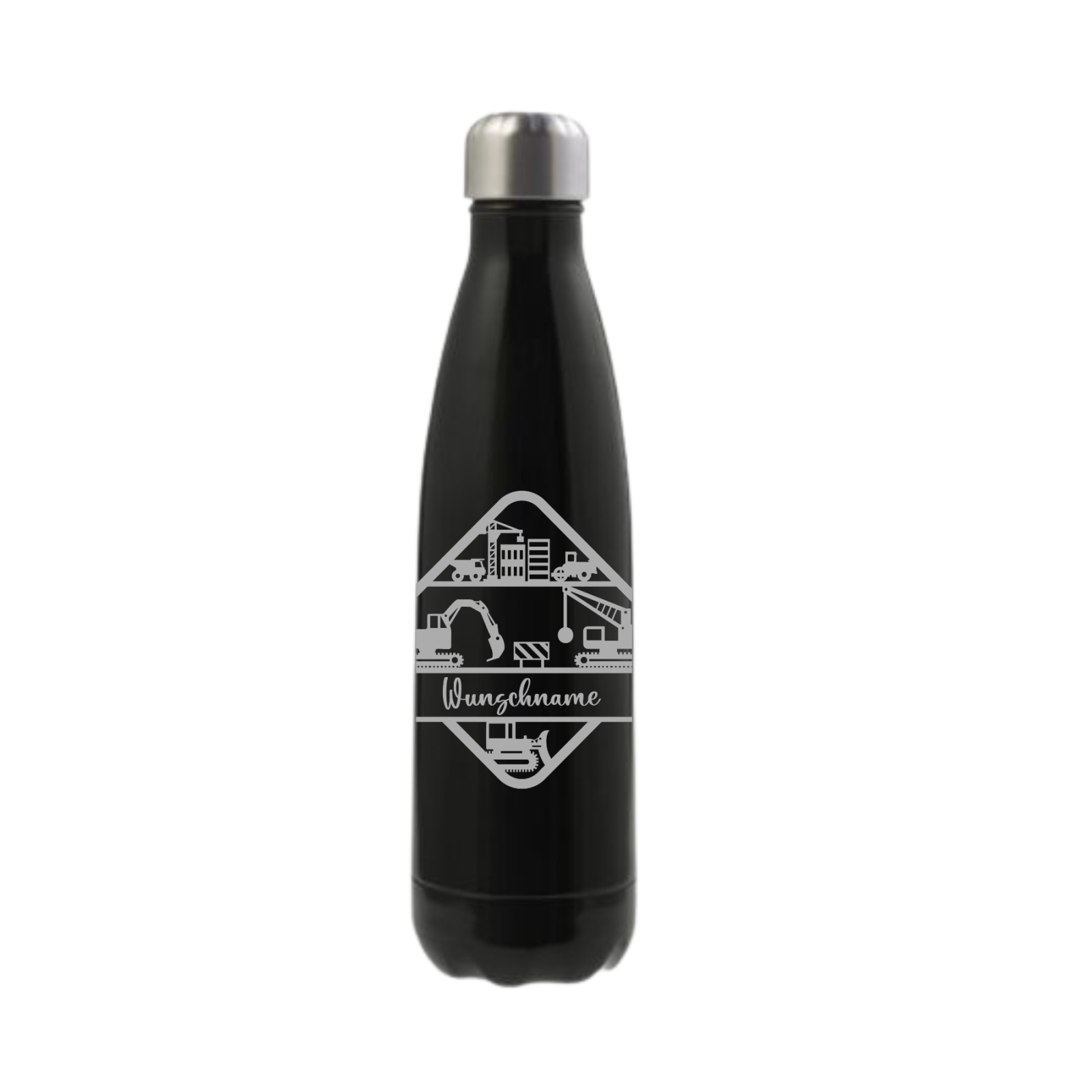 Personalisierte doppelwandige Iso-Trinkflasche aus Edelstahl mit Wunschgravur und Baustellenmotiv in