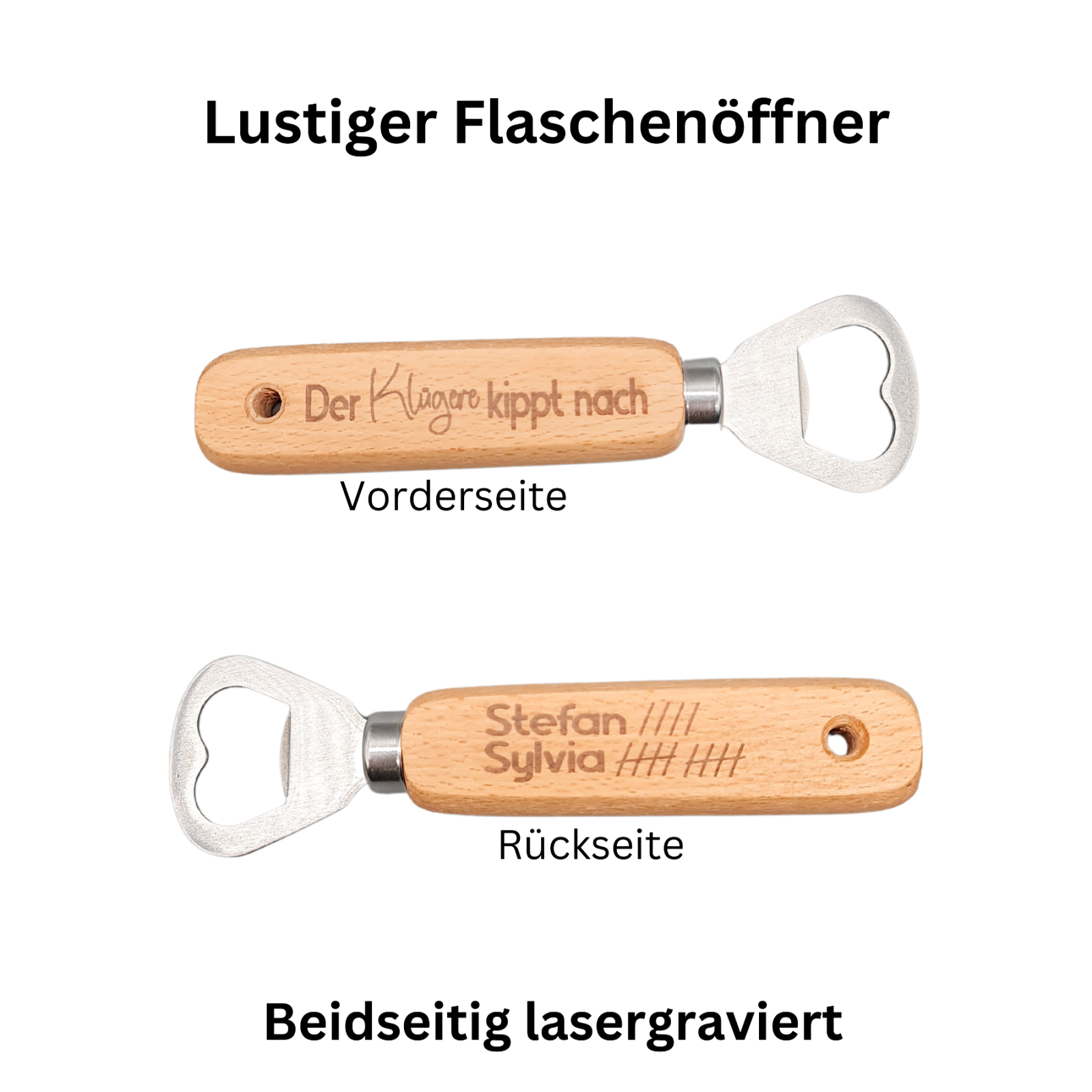 Personalisierter Flaschenöffner aus Buchenholz lustiger Kapselheber mit Lasergravur Geschenkidee 10