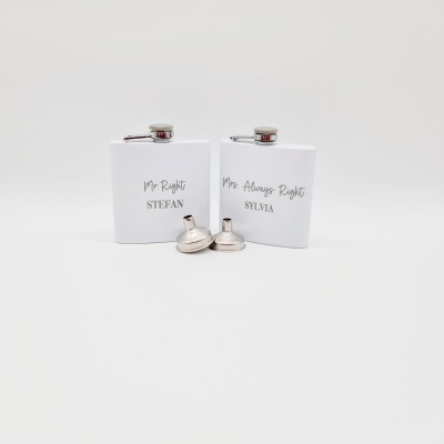 Personalisierte weiße Edelstahl-Flachmänner inkl Einfülltrichter mit Namensgravur: Mr Right &amp; Mrs