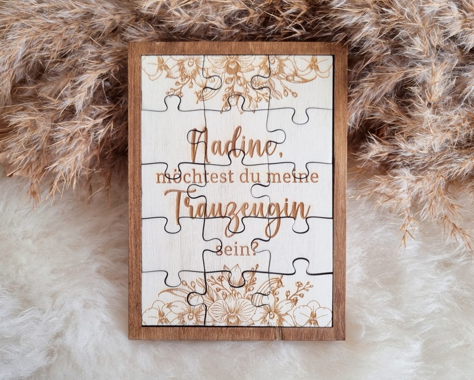 Handgefertigte Puzzlekarte aus Pappelholz zum Fragen der Brautjunger oder Trauzeugin 8