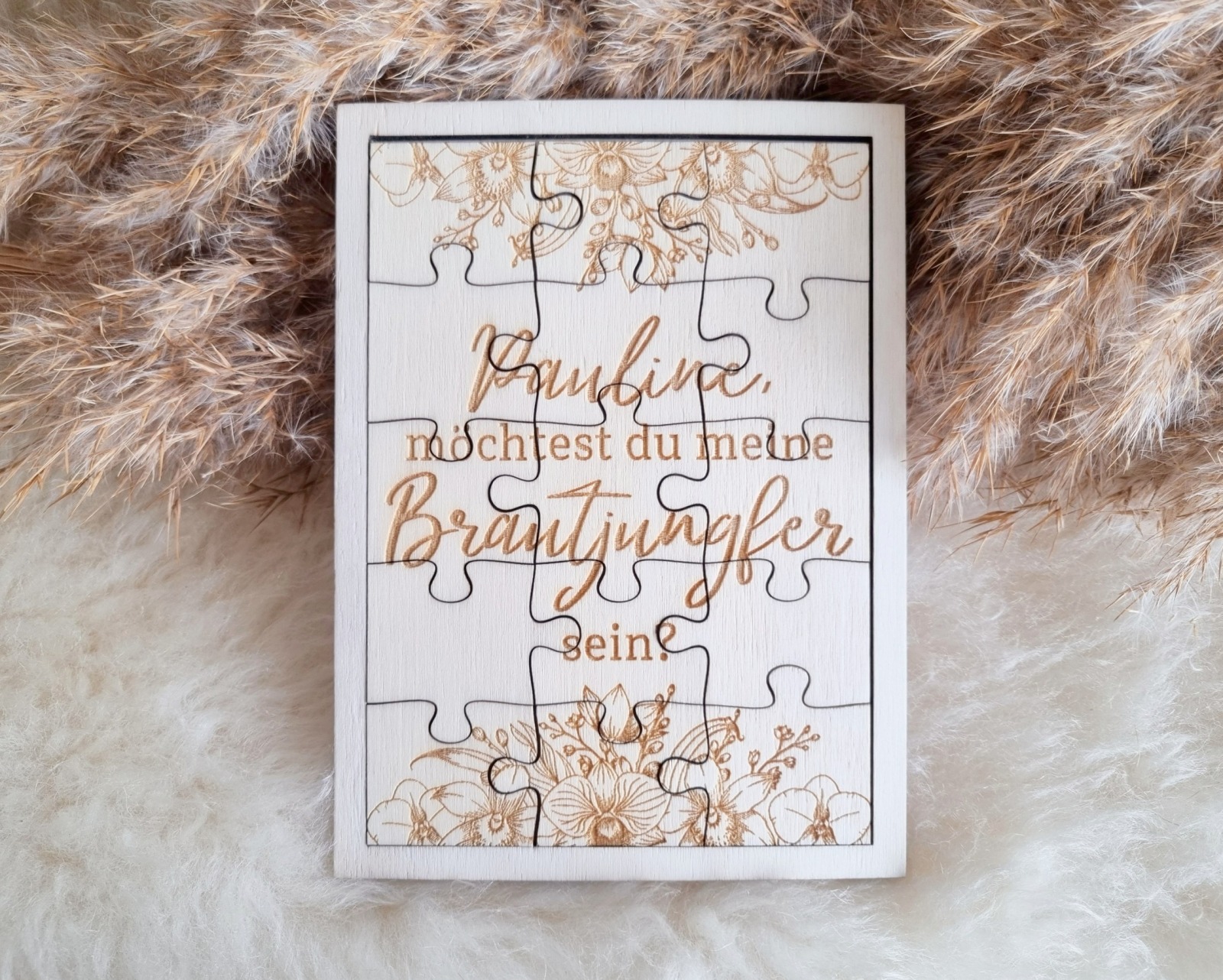 Charmante Puzzlekarte aus Pappelholz - Die schönste Art, Deine Trauzeugin und Brautjungfer zu