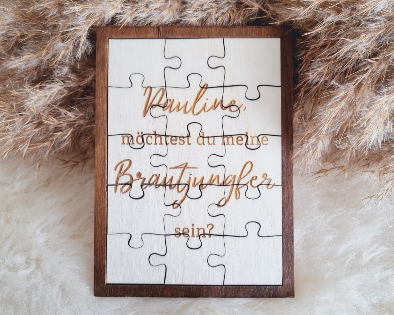 Charmante Puzzlekarte aus Pappelholz - Die schönste Art, Deine Trauzeugin und Brautjungfer zu frage