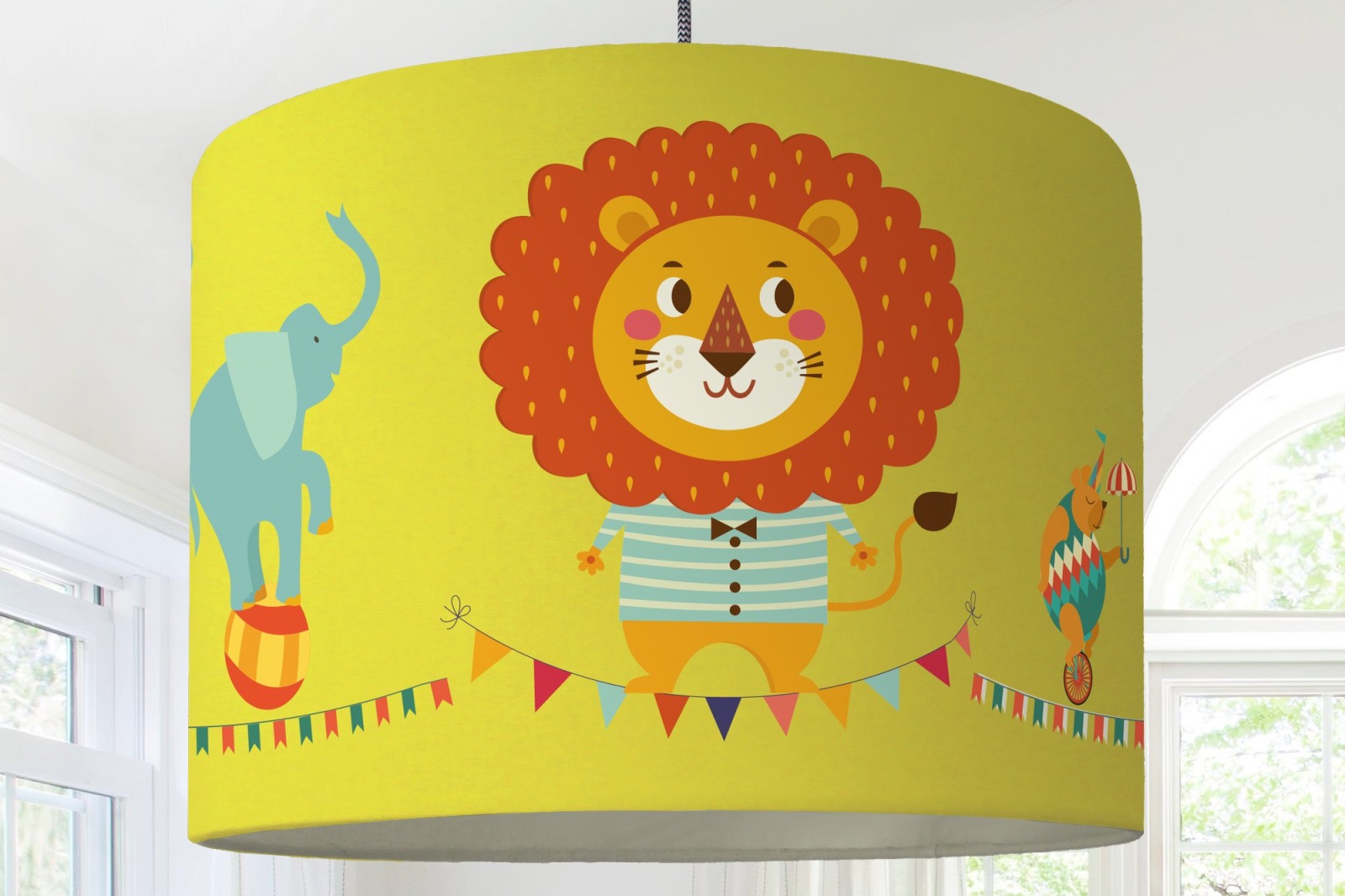 Lampenschirm Kinderzimmer Kinderlampe Löwe Bär Elefant Zirkus Akrobaten Seiltänzer gelb