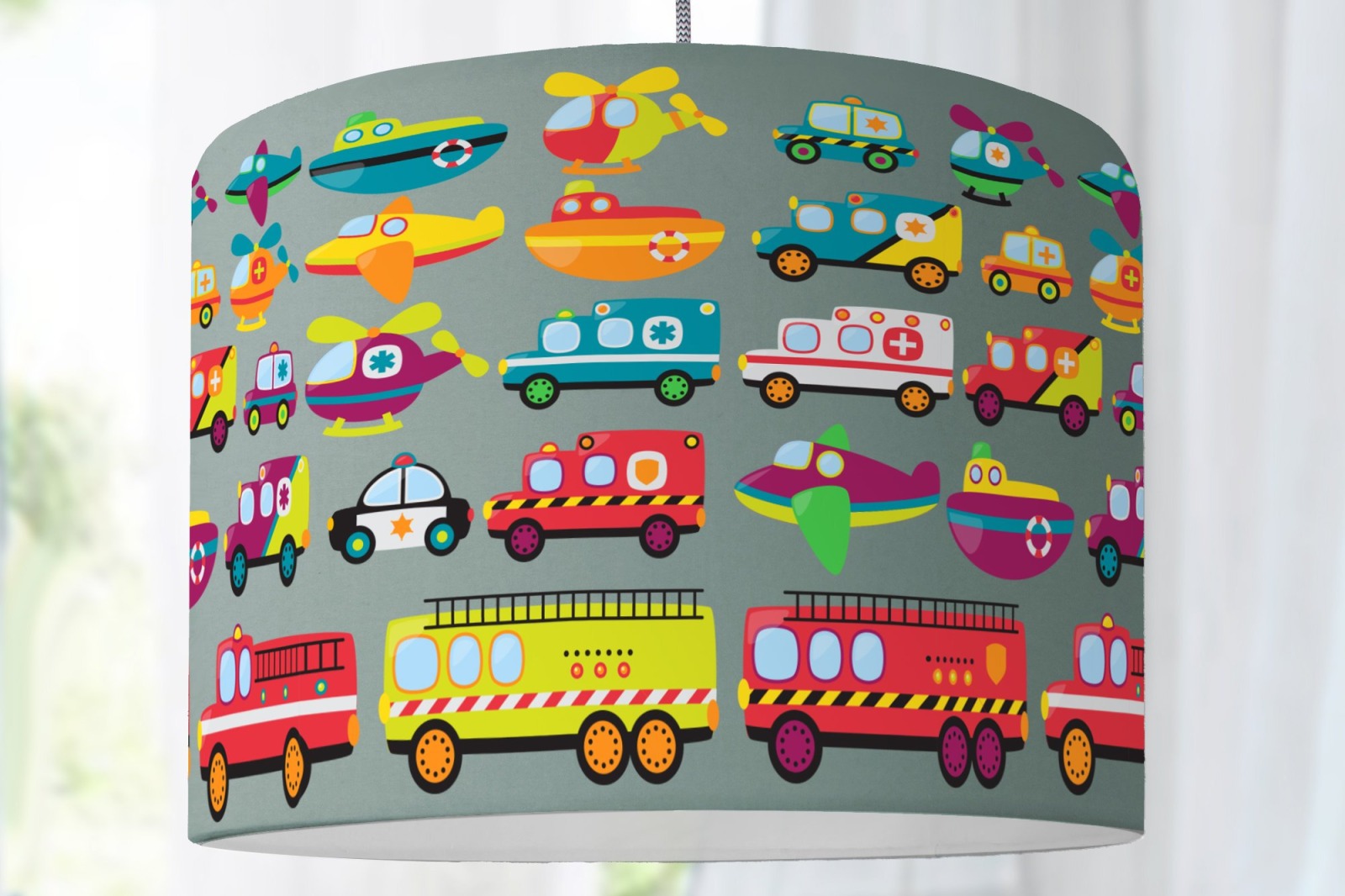 Lampenschirm Kinderzimmer Feuerwehr Krankenwagen Polizei Kinderlampe Autos verkehr Bagger Baustelle