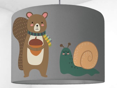 Lampenschirm Kinderzimmer lampe Tiere Wald Waldtiere Eichhörnchen Schnecke Baum Baby Babylampe