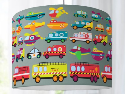 Lampenschirm Kinderzimmer Feuerwehr Krankenwagen Polizei Kinderlampe Autos verkehr Bagger Baustelle