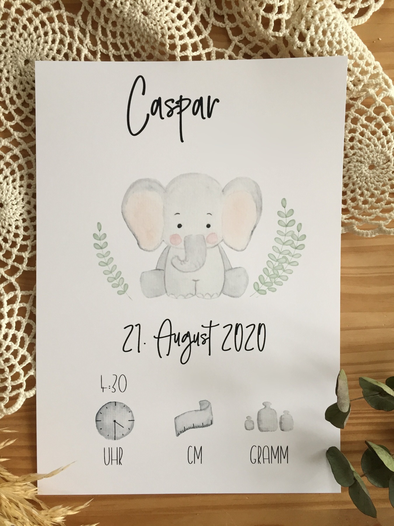 personalisiertes Geburtsposter Elefant auf Aquarellpapier 5