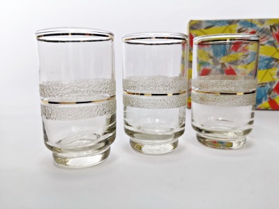 3 Vintage Shotgläser in Originalbox - Gläser für Spirituosen aus den 80er Jahren / Goldrandgläse