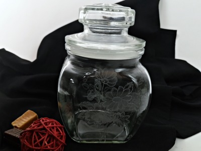 altes Vorratsglas mit geätztem Blumenmotiven und Pfropfen-Deckel - Bonbonglas / Vorragtsdose Glas