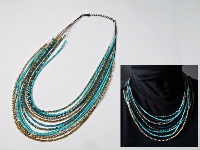Vintage Boho Perlenkette / Hippie-Schmuck - Modeschmuck / türkis- gold - farben / 11 reihig / auf