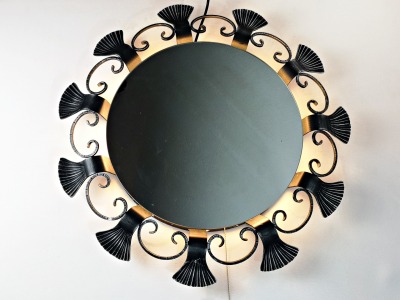 beleuchteter runder Wandspiegel - Spiegel / 60er / Mid Century / Schmiedeeisen / 70cm