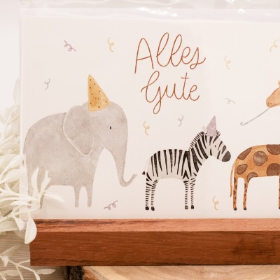 Hej Hanni Postkarte - Alles Gute Elefant, Zebra, Giraffe - hochwertige Postkarte mit Umschlag