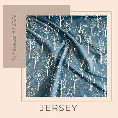Jersey Stoff mit Bäumchen auf Jeansblau, Meterware - ab 10 cm, Ökotex standard 100