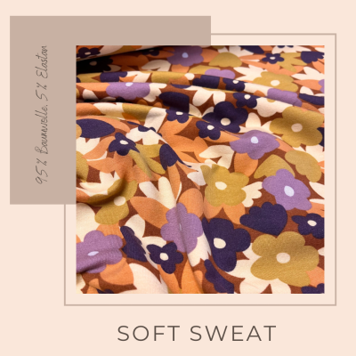 Sweat Stoff aus Baumwolle, flauschig mit Herbstblumen in lila - Ökotex standard 100, ab 10 cm