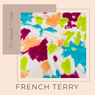 French Terry Stoff aus Baumwolle mit großen Farbkleksen, Neonfarben - grafiti French Terry, ab 10