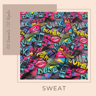 Sweat Stoff aus Baumwolle, flauschig mit Grafitti mit Kussmund - Ökotex standard 100, ab 10 cm