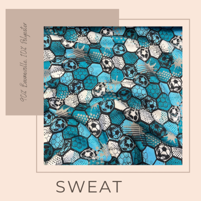 Sweat Stoff aus Baumwolle, flauschig, türkis mit Fußball Muster - Fußballstoff, ab 10 cm