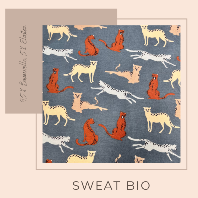 Sweat Stoff aus Bio Baumwolle, flauschig mit Leoparden - Stahlblau, ab 10 cm