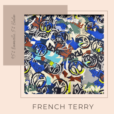 French Terry Stoff aus Baumwolle, Peace, Ökotex Standard 100 - graffiti grünblau neon, ab 10 cm