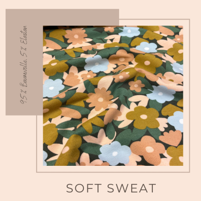 Sweat Stoff aus Baumwolle, flauschig mit Herbstblumen in grün - Ökotex standard 100, ab 10 cm