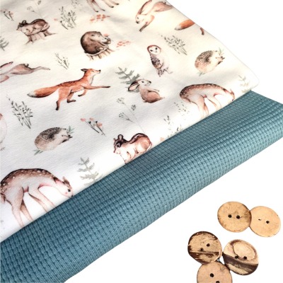 Stoffpaket aus Jersey und Waffelstrick, 2x50 cm, Knöpge gratis - mit Waldtieren