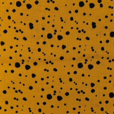 Musselin Stoff aus Baumwolle, ockergelb mit Farbkleksen in schwarz - Musselin, ab 50 cm
