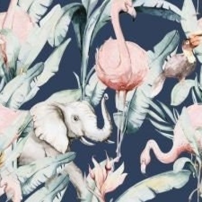 Jersey Stoffe, Baumwolle, Flamingos mit Elefanten, Ökotex Standard 100, Digitaldruck, ab 50 cm
