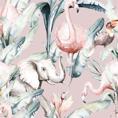 Jersey Stoffe, Baumwolle, Flamingos mit Elefanten, Ökotex Standard 100, Digitaldruck, ab 50 cm