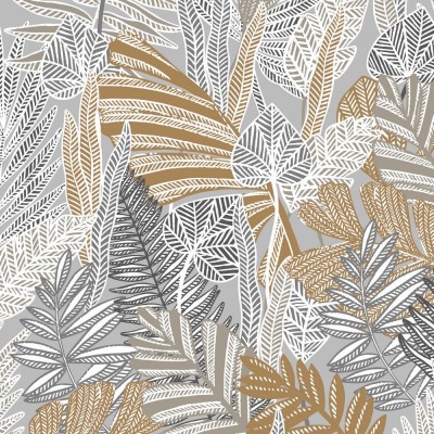 Canvas Stoff Baumwolle, Dekostoff mit Blättern grau ocker, ab 50 cm