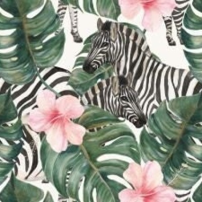 Viskose Jersey Stoffe mit tropischen Muster, Zebras und Monstera